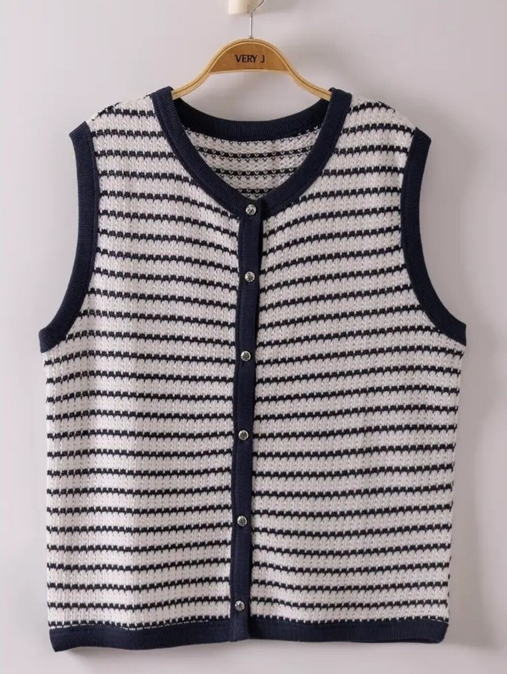 Very J Navy and White Striped Knit Sleeveless Cardigan Vest